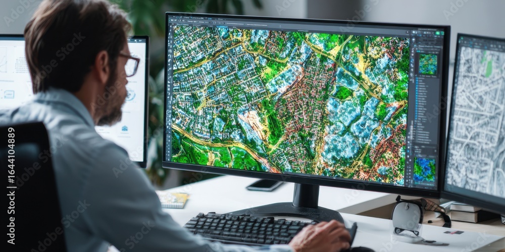 Aufkleber expert analyzes geographic data on large monitor in an office setting during daytime hours