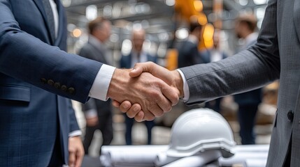 Business professionals engage in a handshake at a construction site, highlighting collaboration at a project meeting