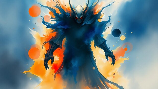 Artistic depiction of a dark horned figure with red eyes and colorful backdrop