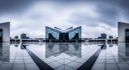Symmetrical modern architecture with reflective plaza