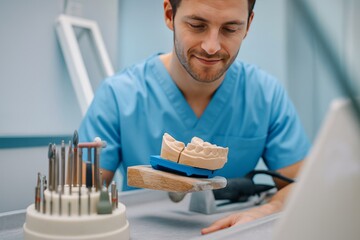 Skilled Dental Technician Working on Prosthetic Teeth in a Modern Dental Laboratory with Advanced Equipment and Tools