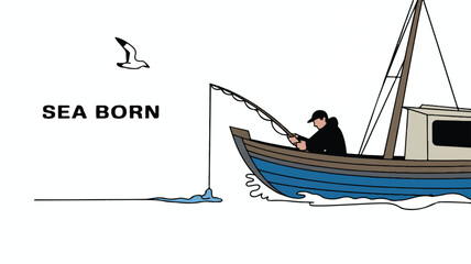 Sea born man fishing in a wooden boat with a fishing pole and seagull illustration on a white background graphic design