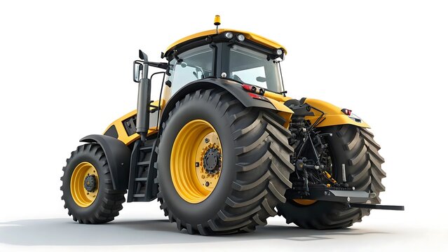 Modern yellow agricultural tractor with large tires on a white background
