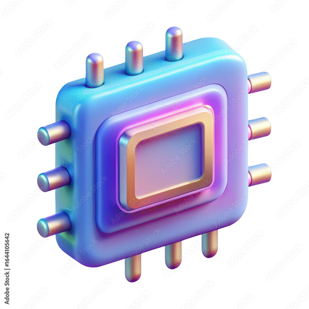 Poster iridescent 3d microchip isolated on transparent background