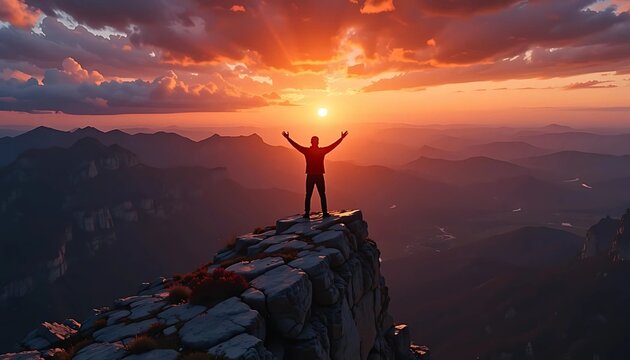 Hiker with Arms Raised Standing on a Mountain Peak at Sunset, Symbolizing Success, Freedom, and Achievement, Ideal for Social Media, Websites, and Motivational Content.