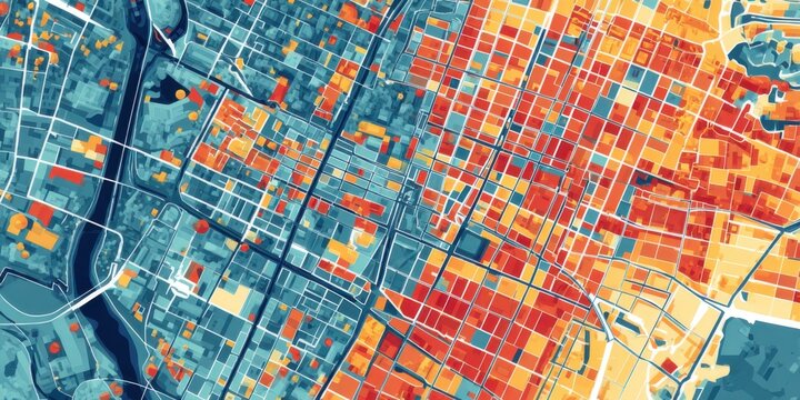 Colorful urban map showcasing city layout with varied land usage and zoning information
