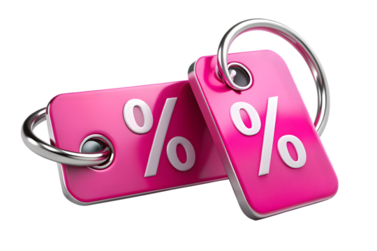 Two pink sale tags with percent symbols on a keyring, isolated on transparent background