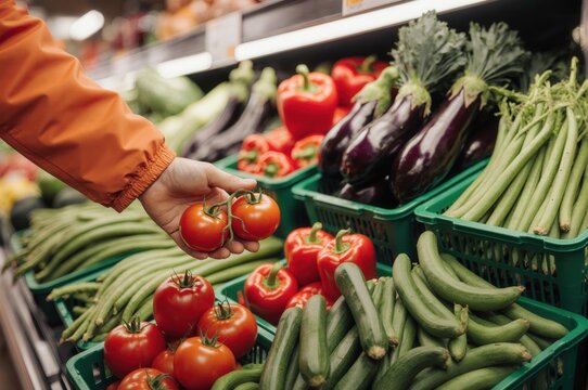 Person selecting fresh tomatoes from a vibrant grocery store vegetable display