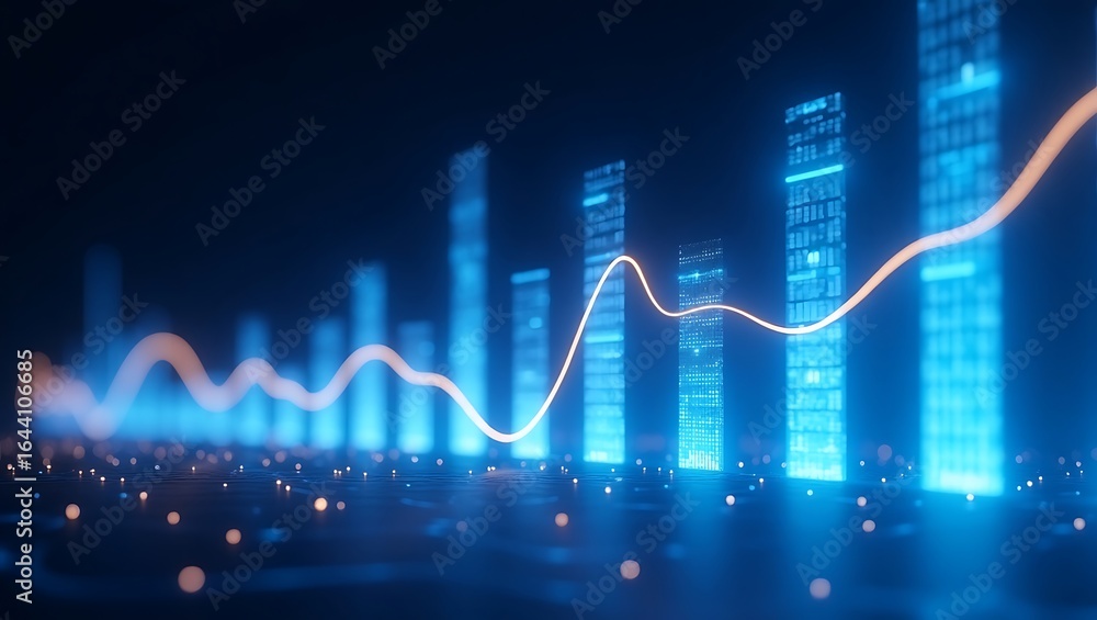 Poster futuristic 3d financial growth chart – rising line graph and glowing digital data bars in blue neon 