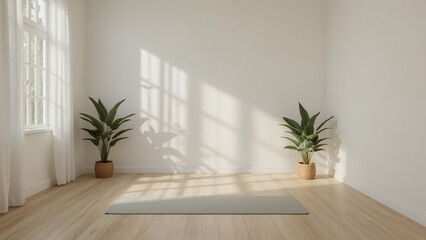 Bright and Serene Yoga or Exercise Room with Natural Sunlight Streaming Through a Window onto a Light Wood Floor with a Grey Mat and Green Potted Plants.