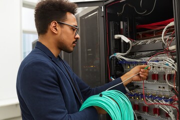 Skilled Technician Managing Network Cables in a Server Room for Efficient Connectivity and Data Transfer Solutions