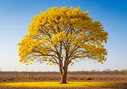 Blooming Yellow Ip&ecirc; Tree in Dry Brazilian Cerrado