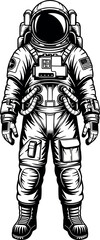 Astronaut in detailed spacesuit, black and white sketch, space exploration gear, science fiction concept, educational illustration, NASA theme