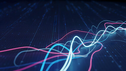 Abstract flowing lines of light on a dark digital background, symbolizing data transfer, communication, and technology.