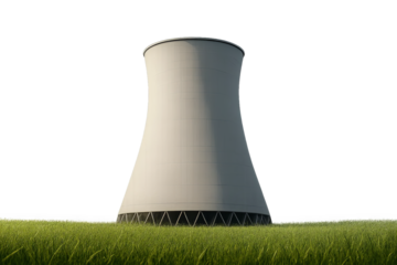 Industrial cooling tower on green grass field with transparent background