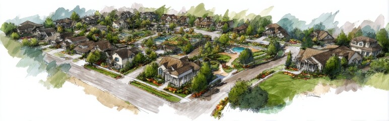 Fototapeta premium Residential community development showcasing various homes and green spaces in a suburban setting during daylight