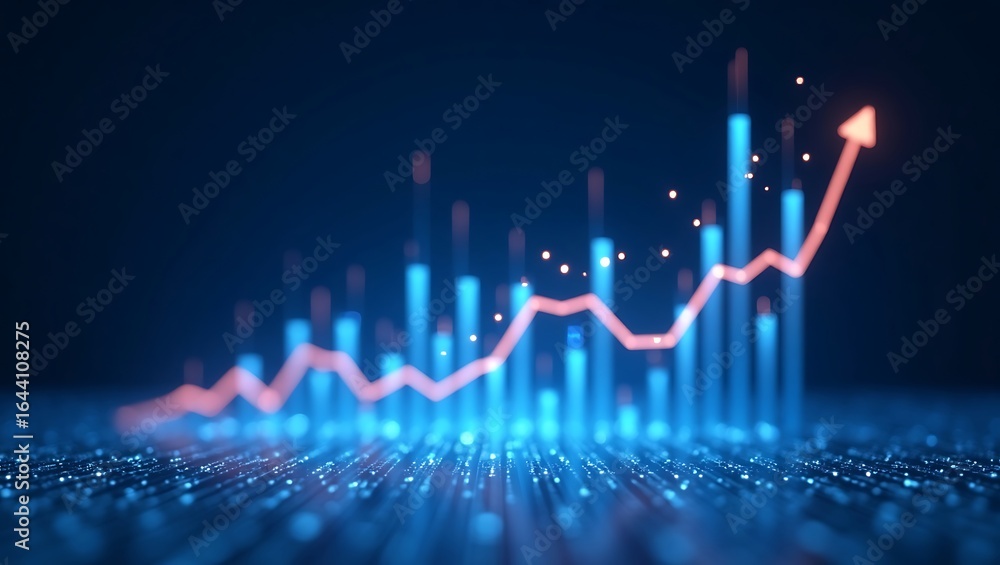 Poster futuristic 3d financial growth chart – rising line graph and glowing digital data bars in blue neon 