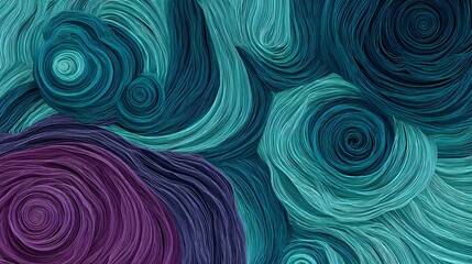 abstract swirling texture pattern in teal and purple tones, fluid motion lines creating vortex shapes, modern decorative background for art and design prints.