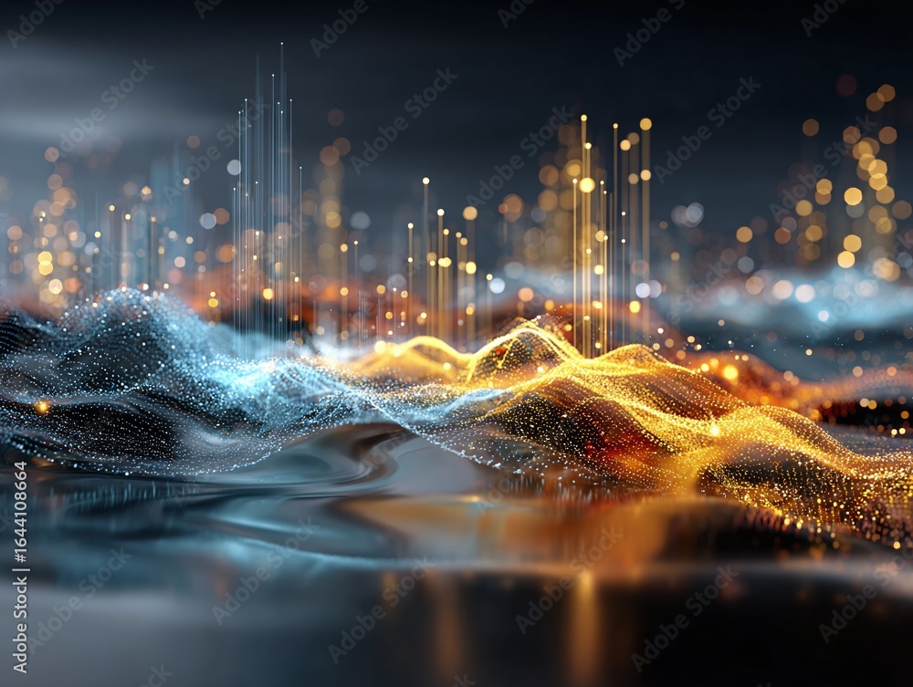 Poster digital sound wave and data visualization with glowing particles - 3d render