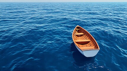 A solitary boat drifts in the vast, serene ocean with no land in sight, symbolizing solitude and adventure against a backdrop of endless water.