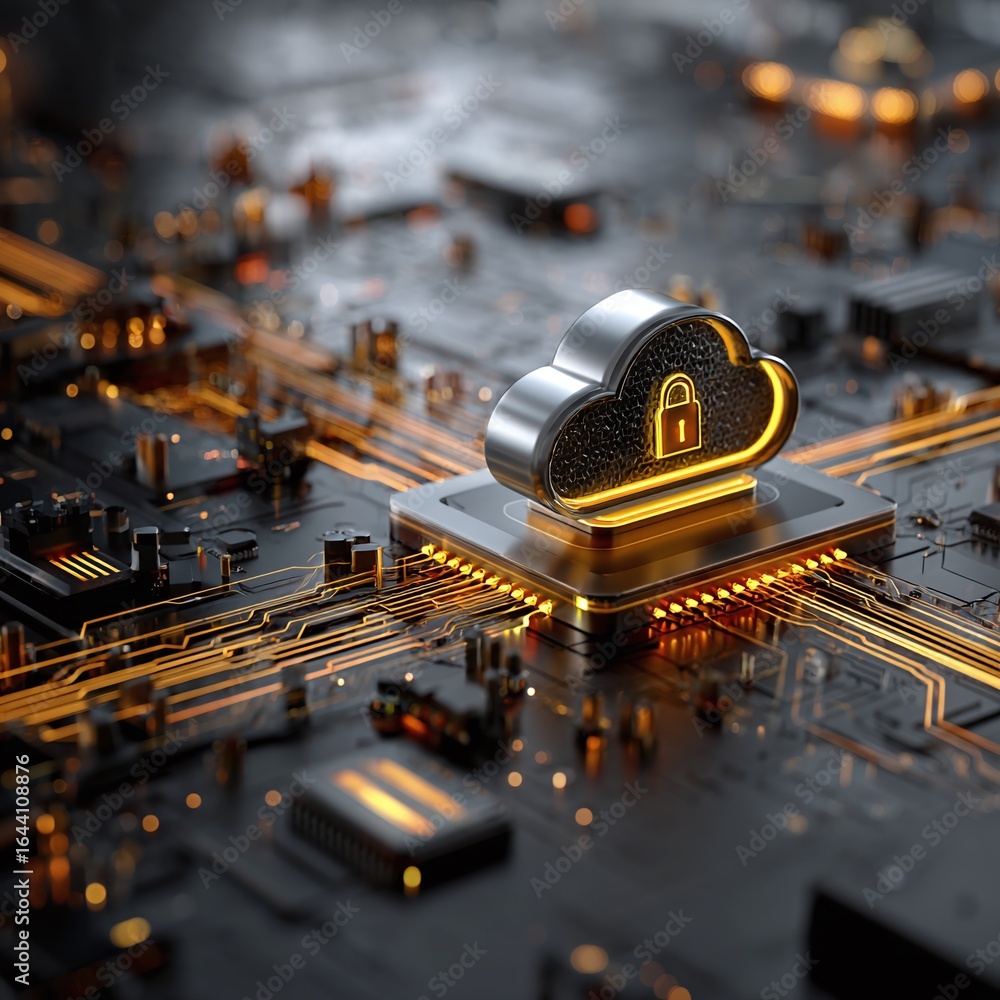 Poster secure cloud computing on circuit board, digital data protection and cyber security