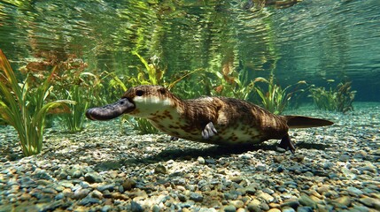 Platypus swimming in a clear freshwater stream in Australia pebbles and aquatic plants below
