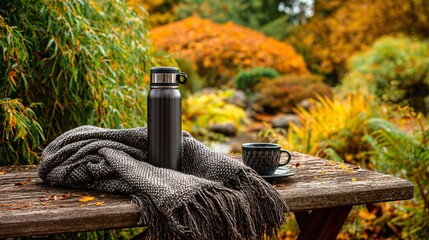 Peaceful patio moment with blanket, tea thermos, and autumn foliage