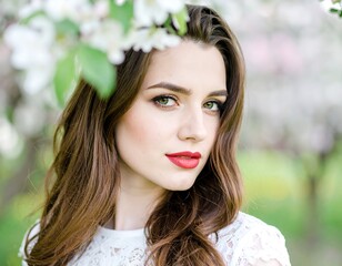 Fototapeta premium Woman in white dress, spring blossoms (1)