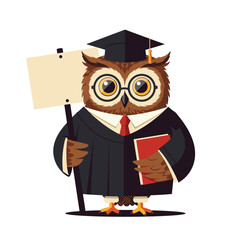 Owl wearing graduation cap and holding book with blank sign  