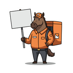 A cartoon horse in a courier costume holds an empty sign