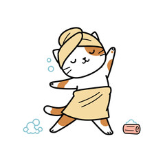 Cartoon cat enjoying a spa day with towel and bubbles  