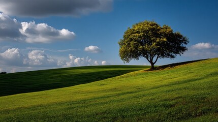 Lonely Green Tree on a Rolling Hill under a Blue Sky - Tranquil Landscape