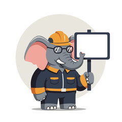 Cartoon elephant wearing glasses and holding blank sign in uniform  
