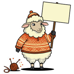 A cartoon sheep in an orange knitted sweater holds a sign with a ball of yarn next to it