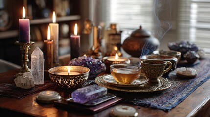 Ritual space with candles, incense, crystals, and tea for mindful start