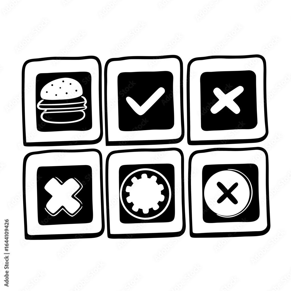 Aufkleber collection of black and white icons in a square box representing different options and selections fo