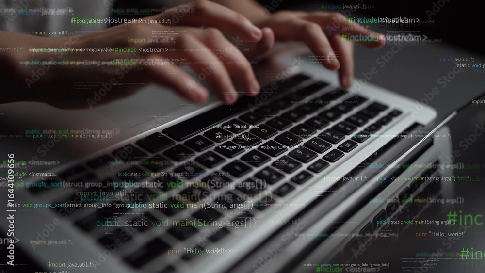 Poster a focused view of hands typing on a laptop keyboard, surrounded by intricate lines of code, represen