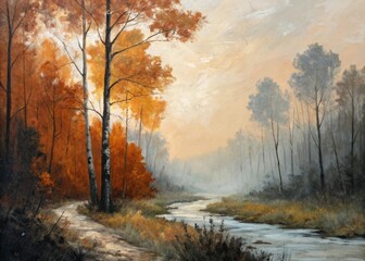 Autumn forest landscape with winding stream and misty background