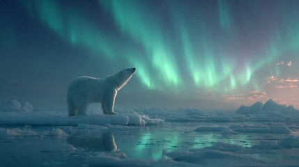 Fototapeta premium Polar bear standing on drifting ice in the Arctic with the northern lights glowing in the sky above