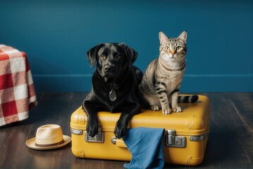 Fototapeta na wymiar A black dog and a tabby cat sitting on a yellow suitcase, accompanied by a hat and plaid fabric.