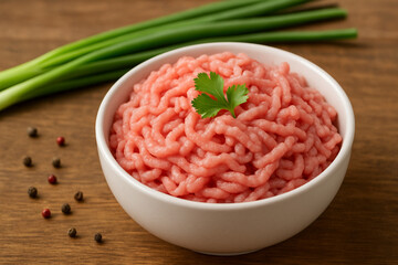 Fresh raw ground meat in white bowl with garnish, green onions, and peppercorns on wooden table, ready for cooking
