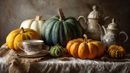 Still life of pumpkins, gourds, and a tea set on linen, gentle morning glow