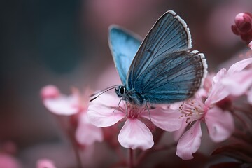 Fototapeta premium A blue butterfly gently rests on soft pink flowers, its graceful wings a perfect contrast against the delicate petals.