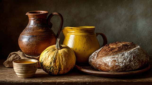 Still life with squash, cider jug, and artisan bread, morning side-light