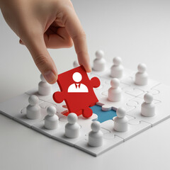 Connecting the Right Candidate Finding the Perfect Fit A Hand Placing a Red Puzzle Piece with a Person Icon into a Jigsaw of White Figures