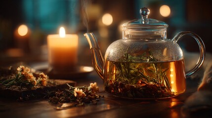 Fototapeta premium Tea steeping with herbs in glass pot, candlelight and warm tones