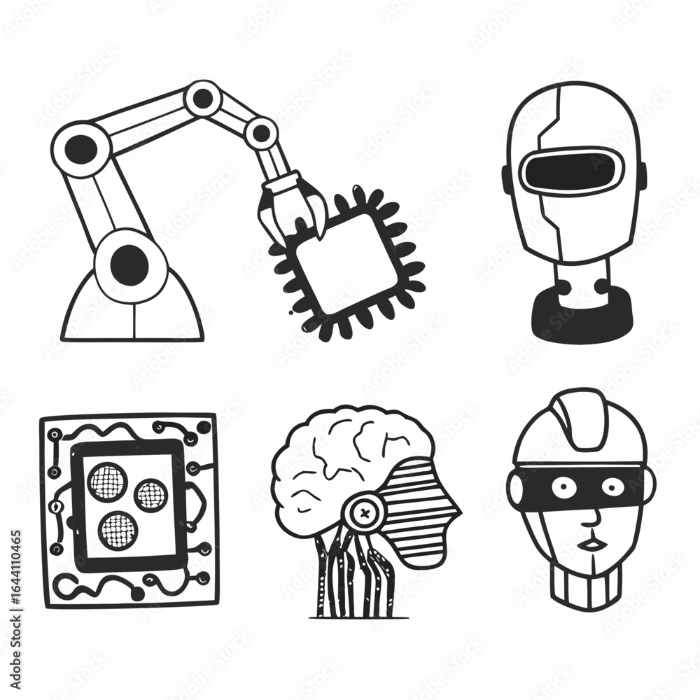 Aufkleber set of artificial intelligence and robotics elements isolated on white background