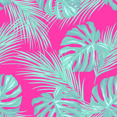 Green tropical palm leaves seamless vector pattern on the black background. Trendy summer print.	
