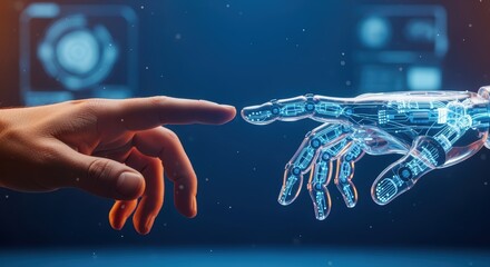 A human hand reaching out to touch the hand of a robotic arm, set against a futuristic blue background with digital elements.