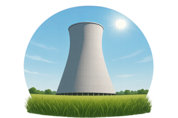 Cooling tower under bright sun on green meadow with transparent background